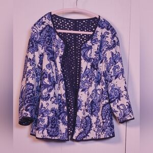 Coldwater Creek Cotton Linen Eyelet Floral Open Front Reversible Jacket Size 16